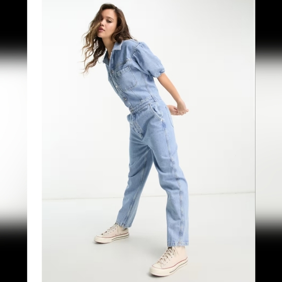 NWT Only Puff Sleeve Denim Jumpsuit In Light Blue, Size Large - Picture 3 of 9